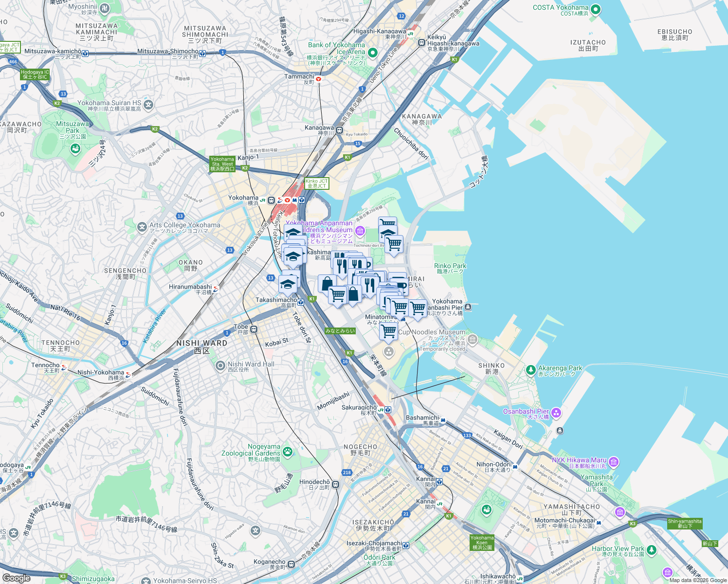 map of restaurants, bars, coffee shops, grocery stores, and more near in Yokohama