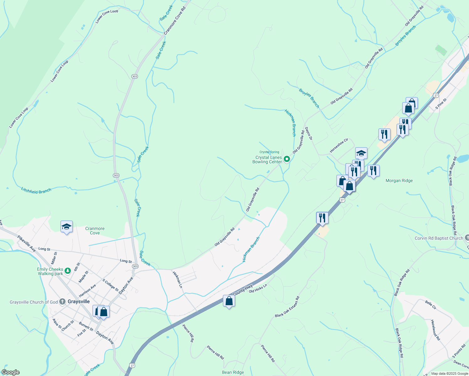 map of restaurants, bars, coffee shops, grocery stores, and more near 427 Lone Mountain Drive in Dayton