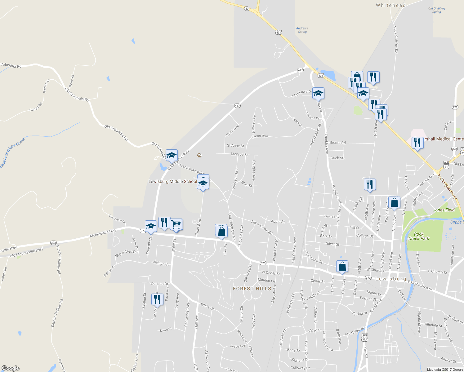 map of restaurants, bars, coffee shops, grocery stores, and more near 580 Jackson Avenue in Lewisburg