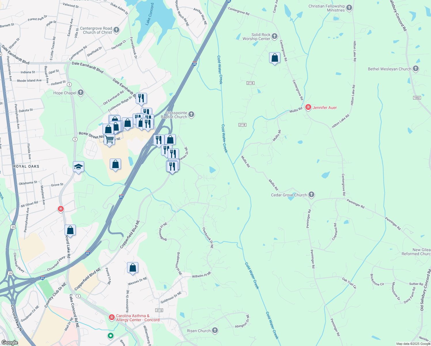 map of restaurants, bars, coffee shops, grocery stores, and more near 341 Sycamore Ridge Rd NE in Concord