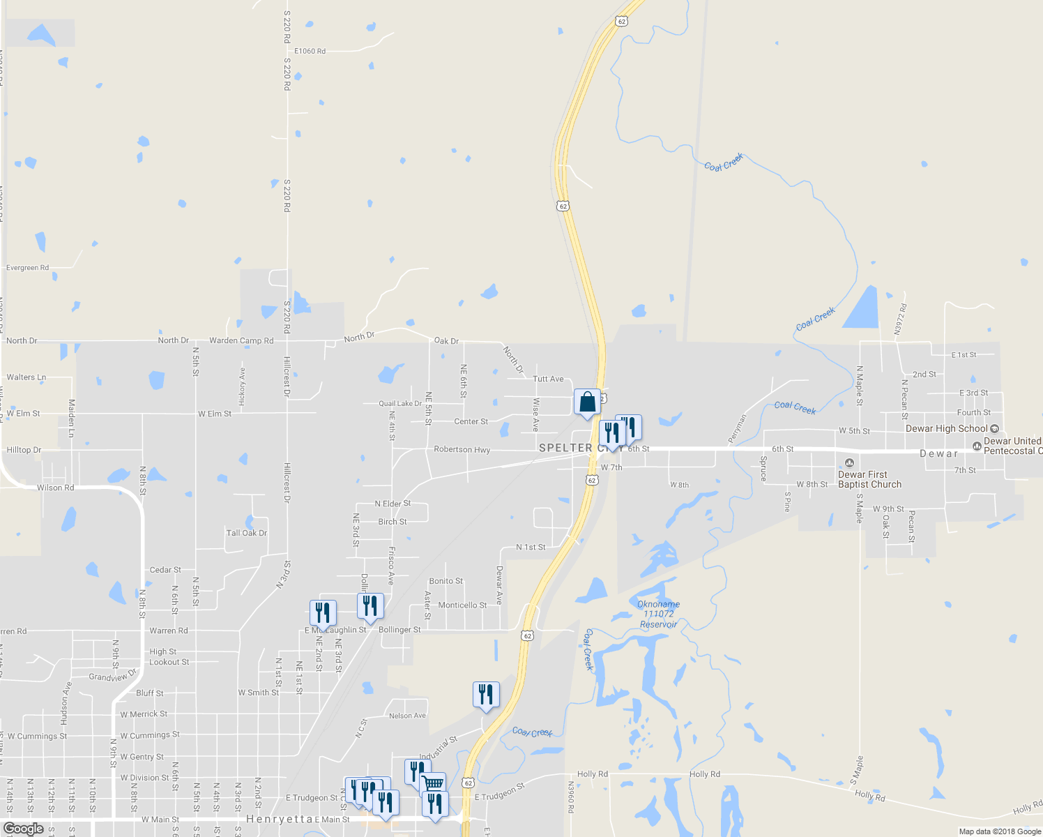 map of restaurants, bars, coffee shops, grocery stores, and more near 705 Genevieve Avenue in Henryetta