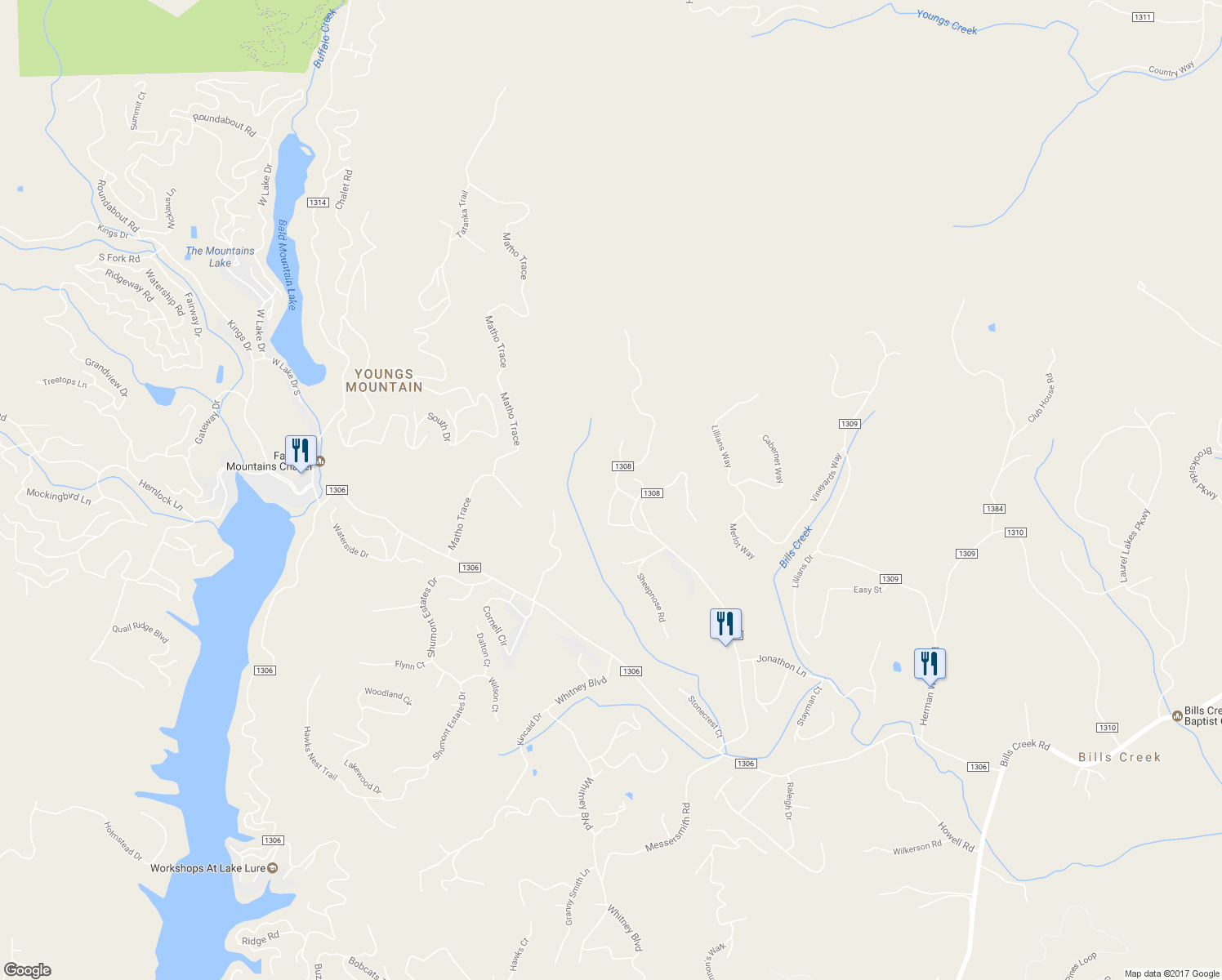 map of restaurants, bars, coffee shops, grocery stores, and more near 193 Downing Place in Lake Lure