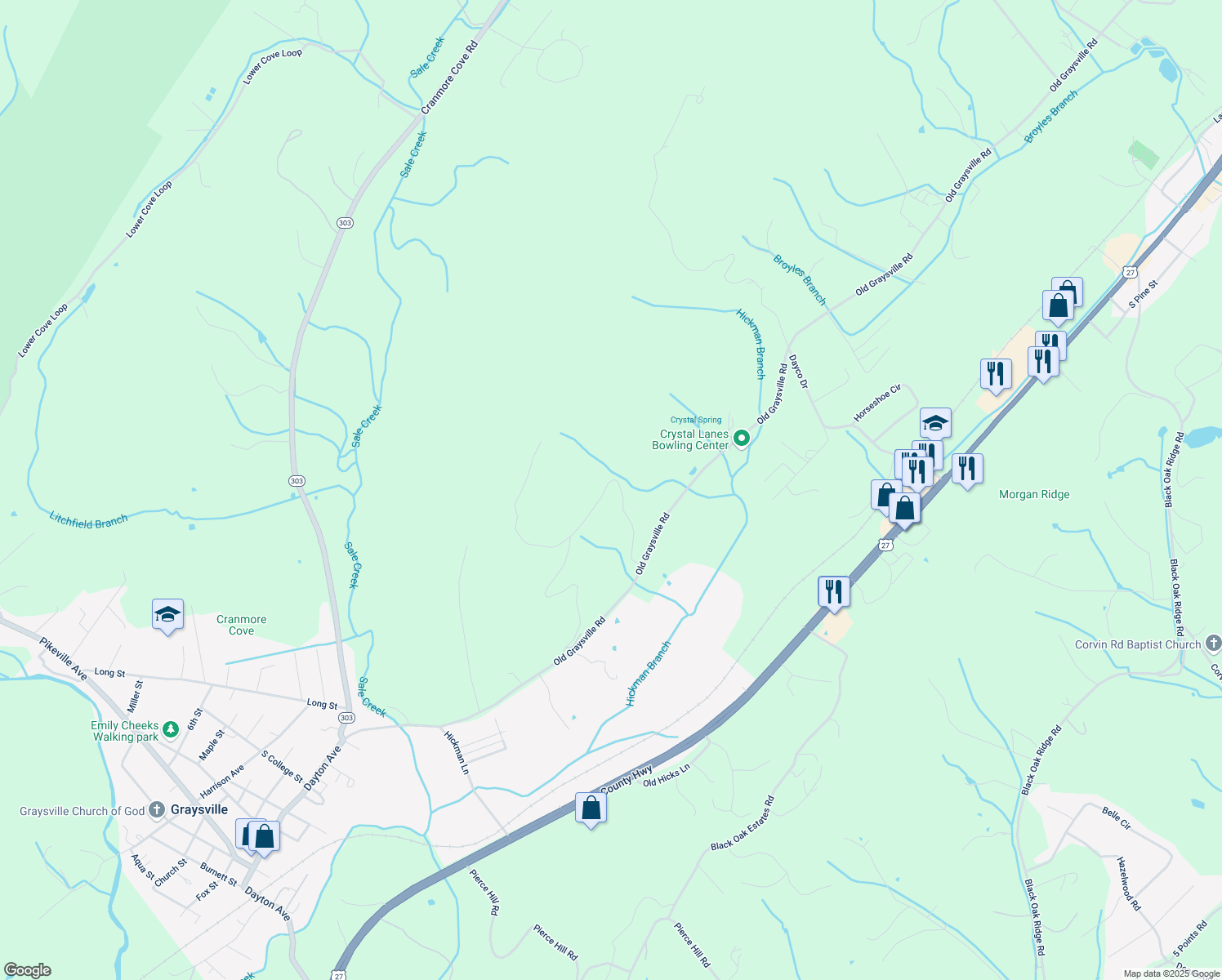map of restaurants, bars, coffee shops, grocery stores, and more near 427 Lone Mountain Drive in Dayton