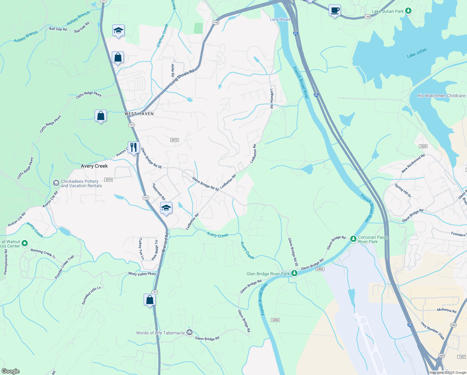map of restaurants, bars, coffee shops, grocery stores, and more near 2 Sabrina Drive in Arden