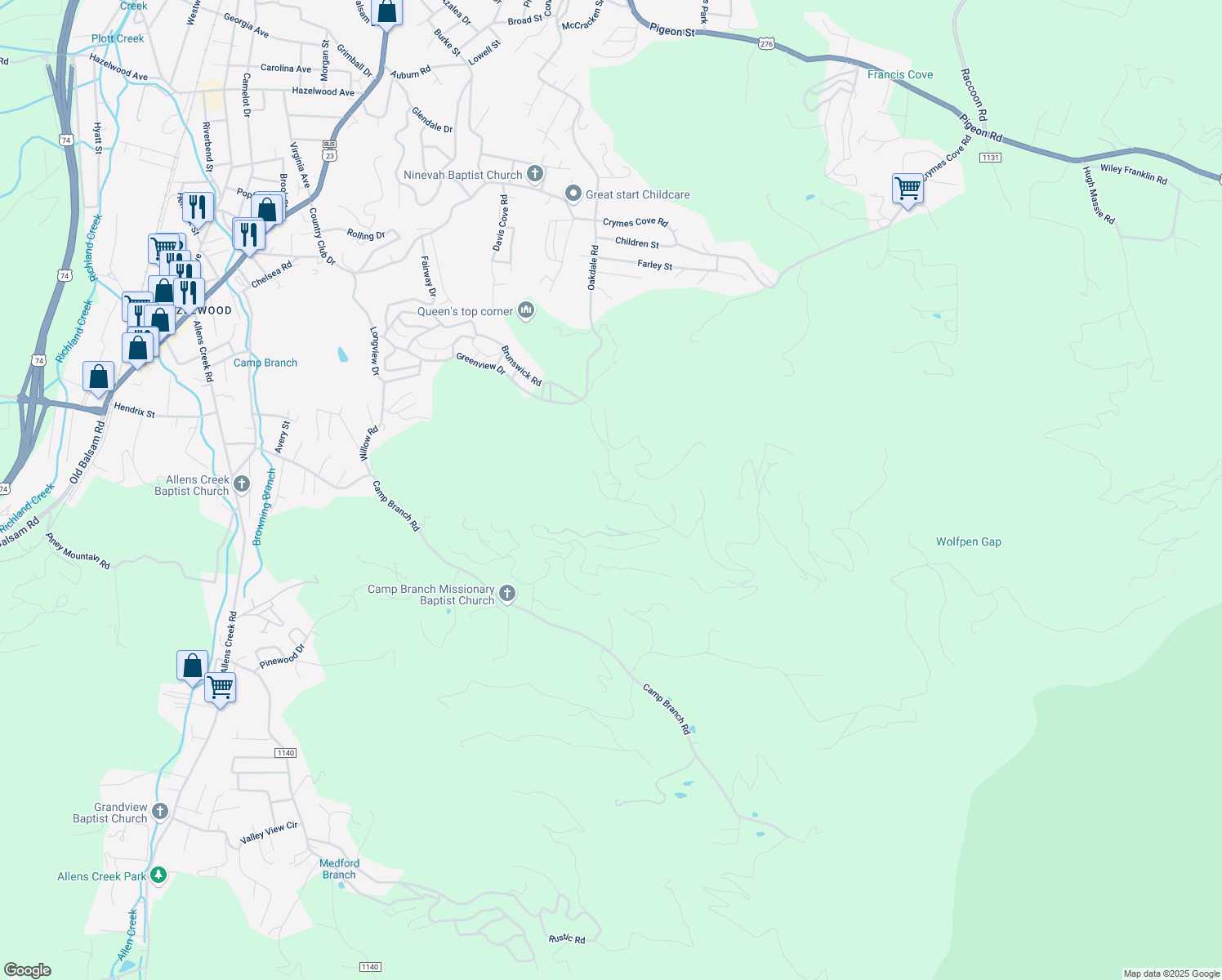 map of restaurants, bars, coffee shops, grocery stores, and more near 36 Marigold Court in Waynesville
