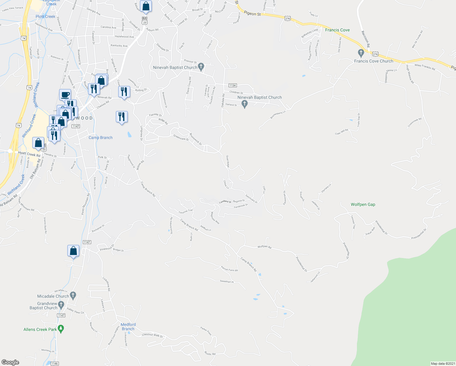map of restaurants, bars, coffee shops, grocery stores, and more near 98 Marigold Court in Waynesville