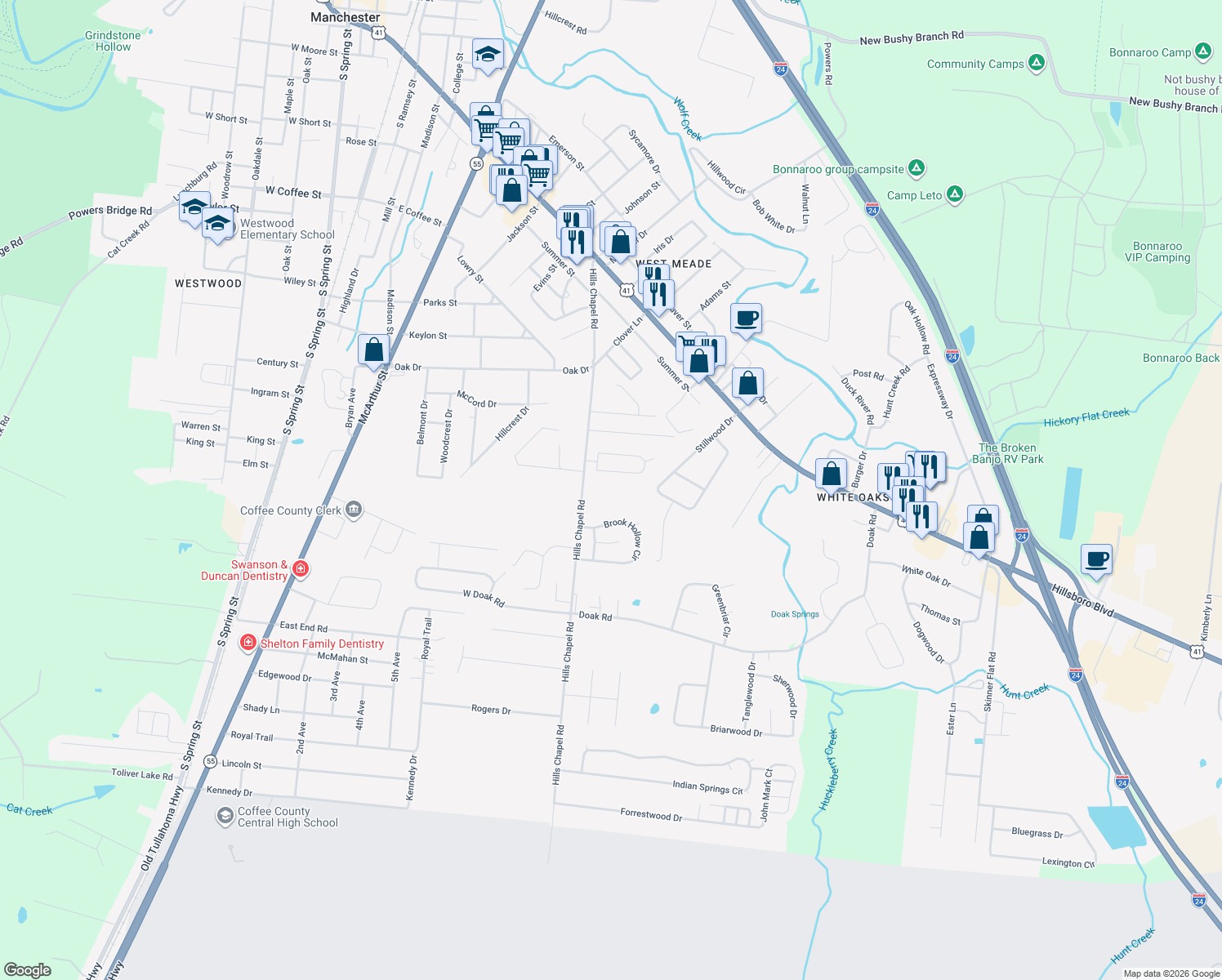 map of restaurants, bars, coffee shops, grocery stores, and more near 1309 Hills Chapel Road in Manchester