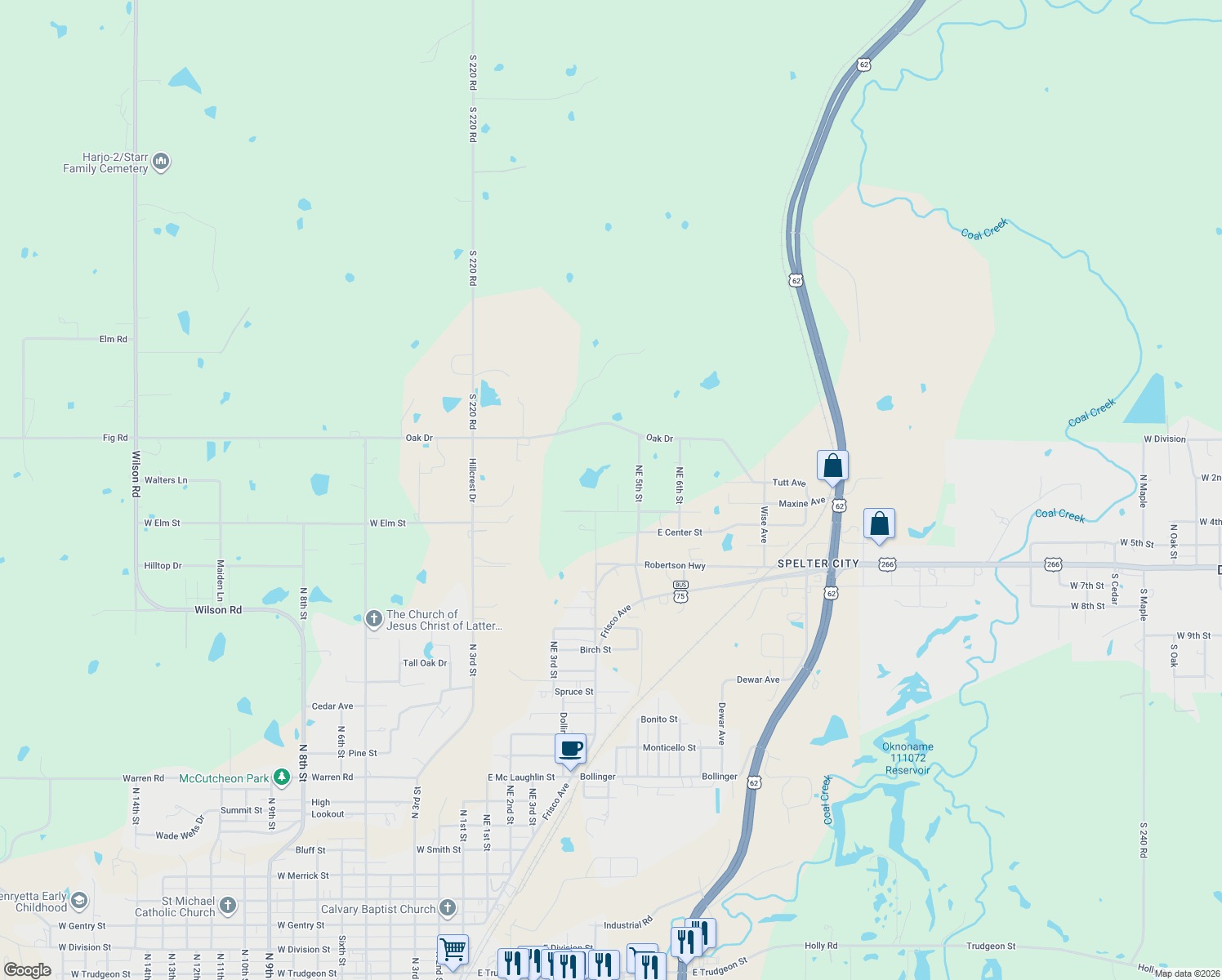 map of restaurants, bars, coffee shops, grocery stores, and more near 2009 Bobwhite Court in Henryetta