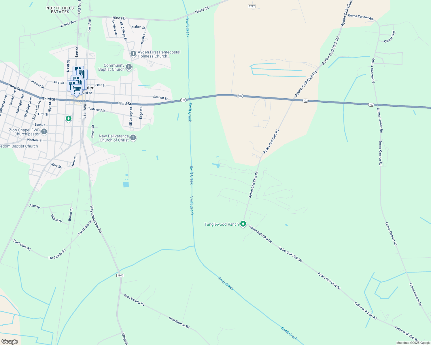 map of restaurants, bars, coffee shops, grocery stores, and more near 821 Country Club Drive in Ayden