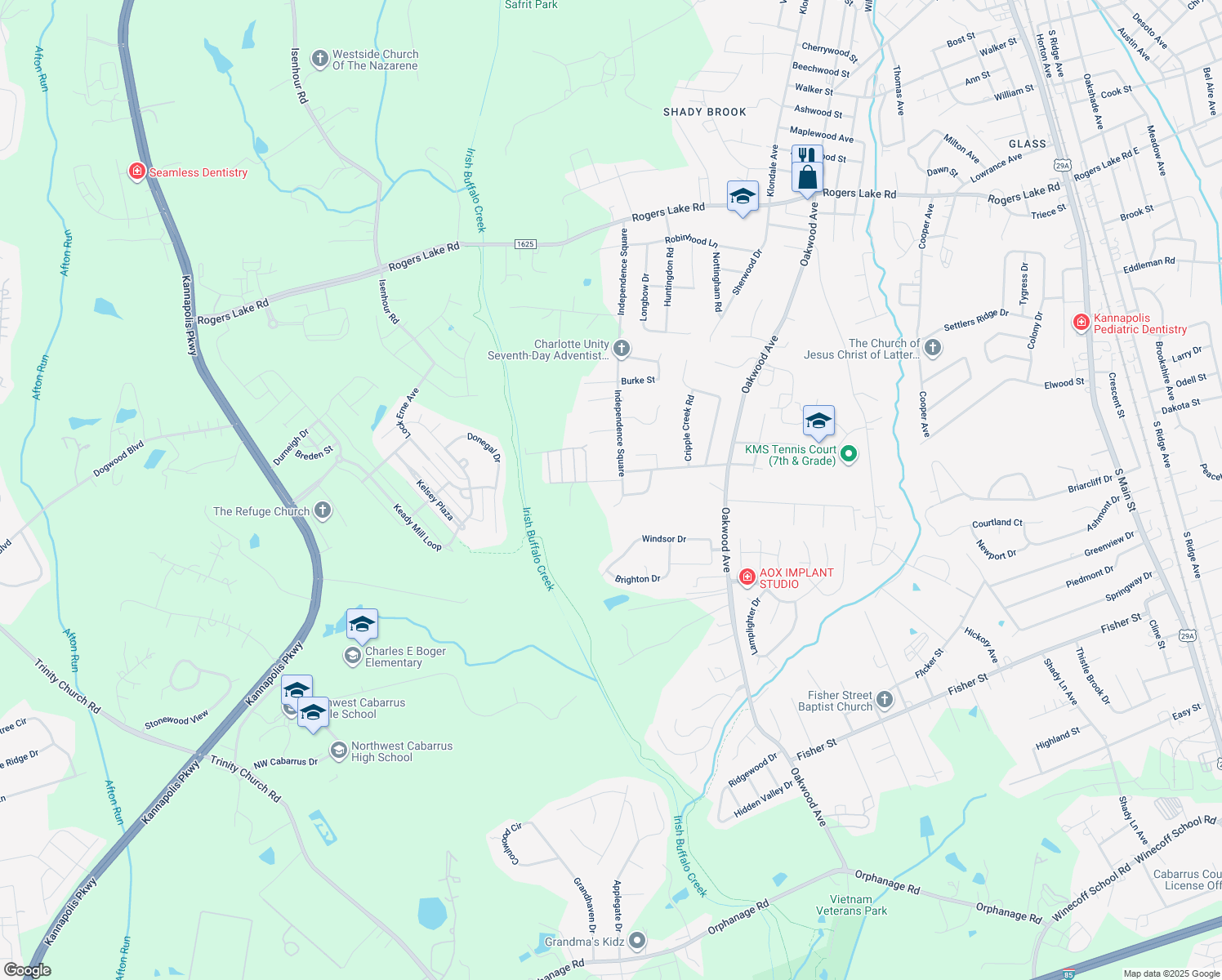 map of restaurants, bars, coffee shops, grocery stores, and more near 2002 Independence Square in Kannapolis