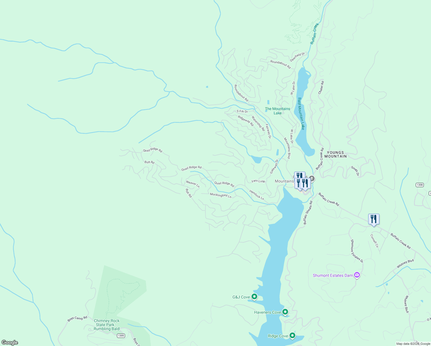 map of restaurants, bars, coffee shops, grocery stores, and more near 121 Sullivan Lane in Lake Lure