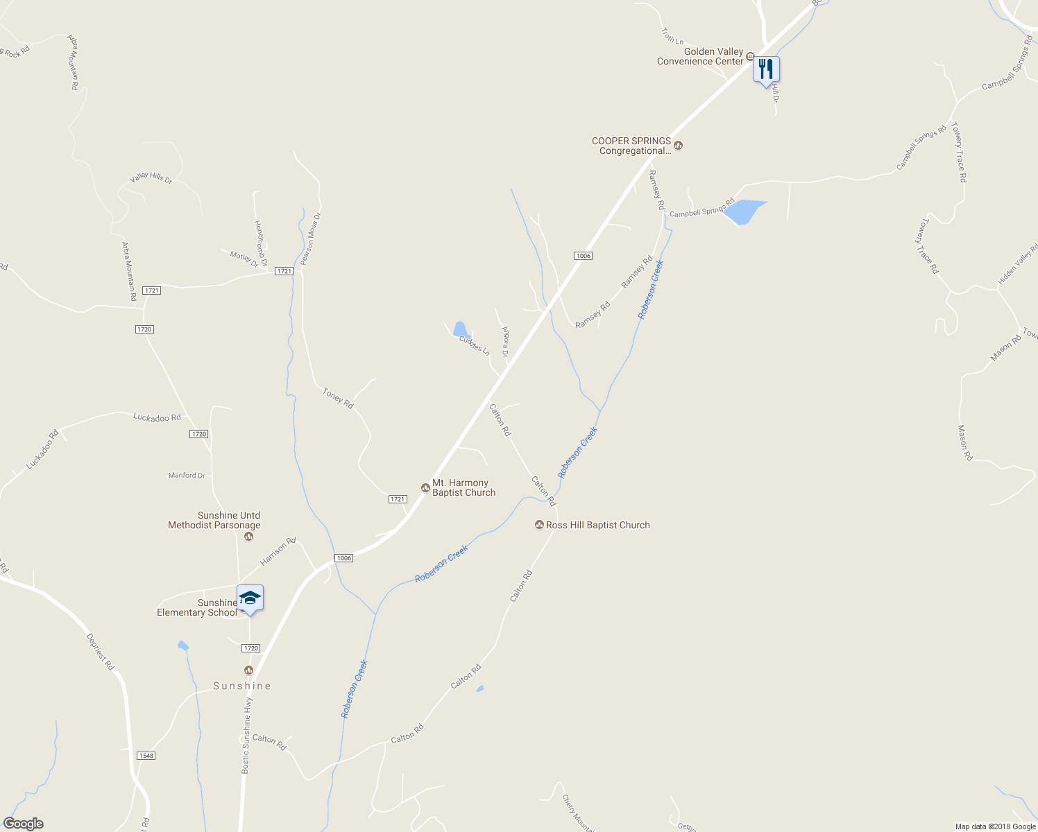 map of restaurants, bars, coffee shops, grocery stores, and more near 1180 Calton Road in Bostic