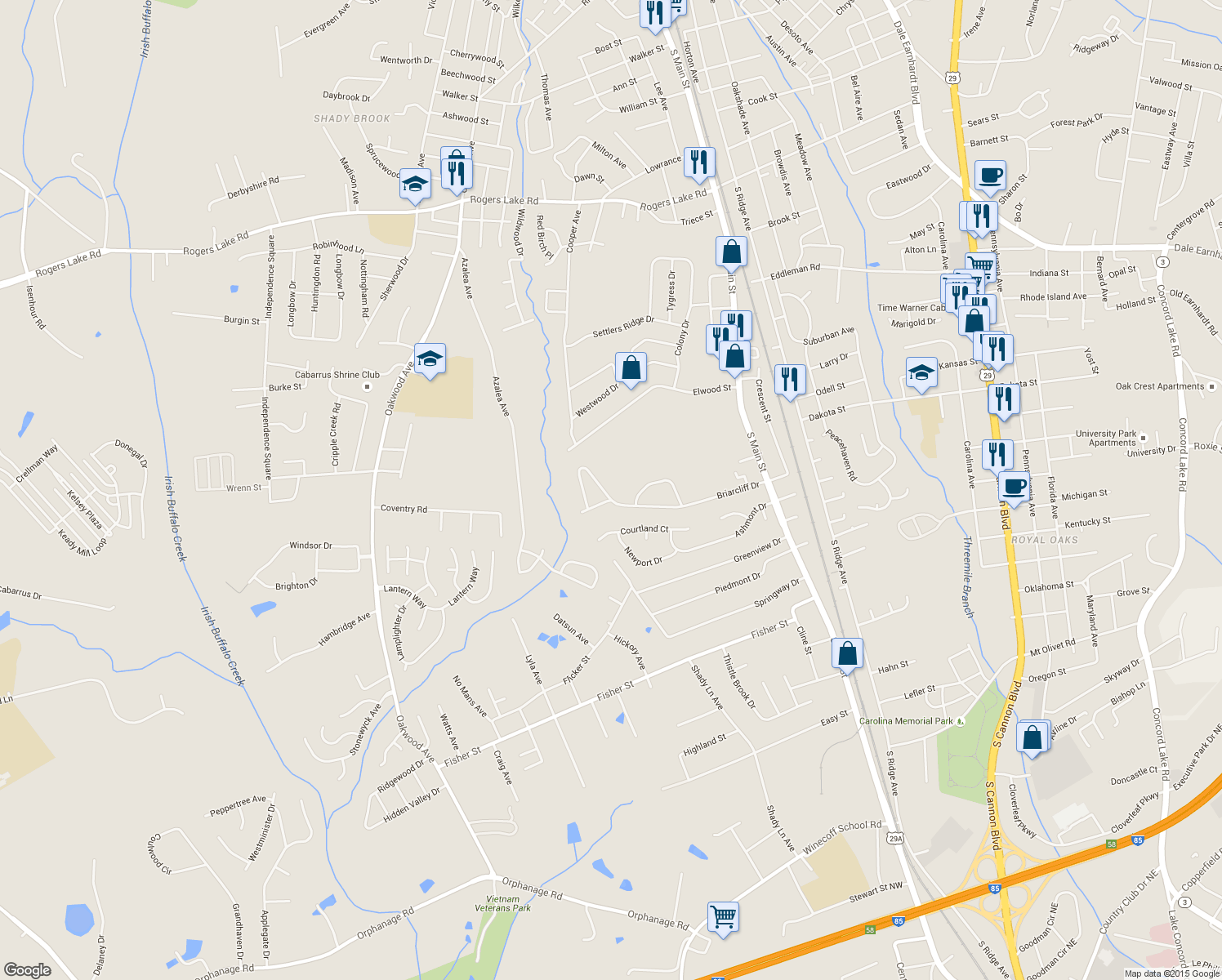 map of restaurants, bars, coffee shops, grocery stores, and more near 302 Meadowood Circle in Kannapolis