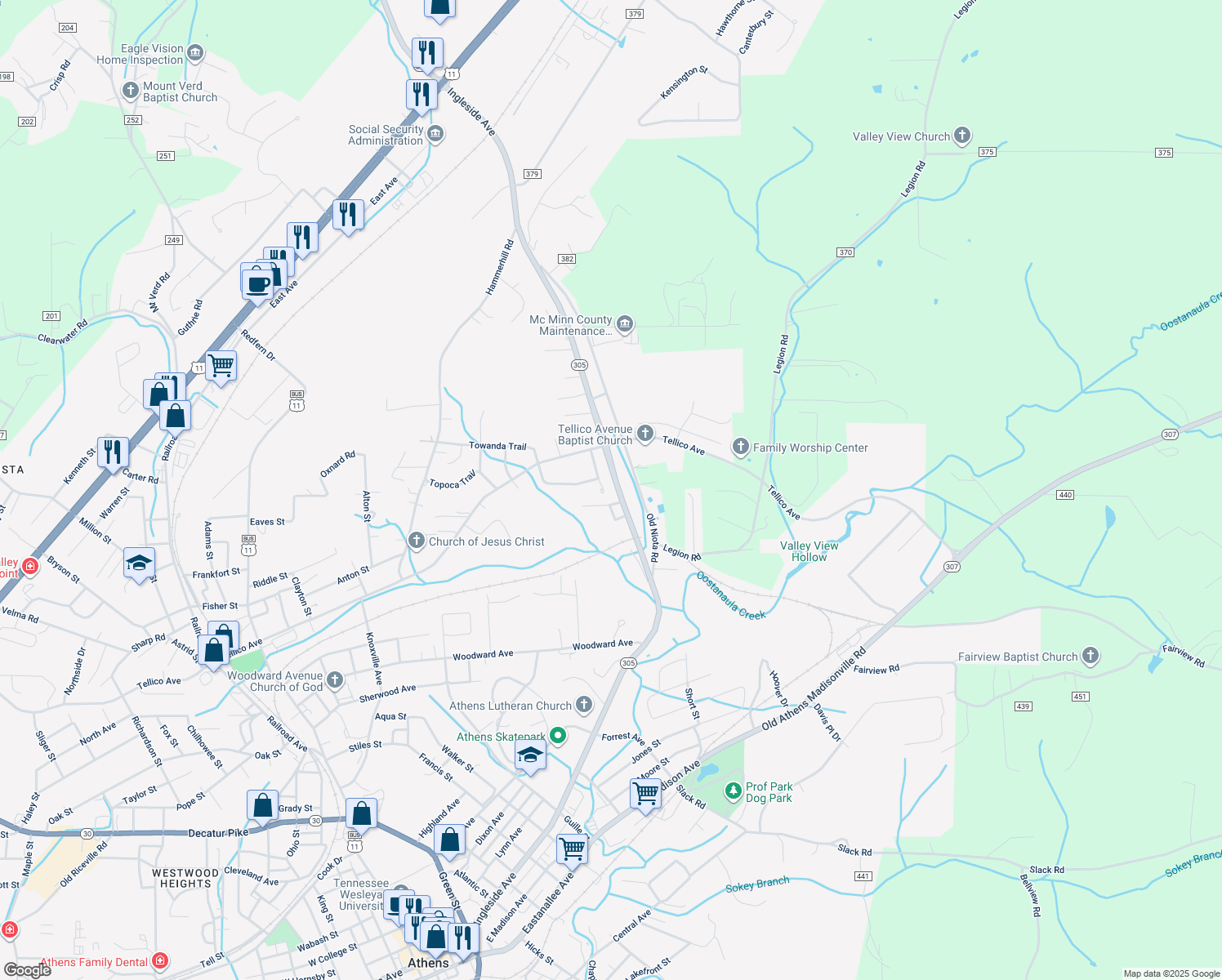 map of restaurants, bars, coffee shops, grocery stores, and more near 1801 Cherokee St in Athens