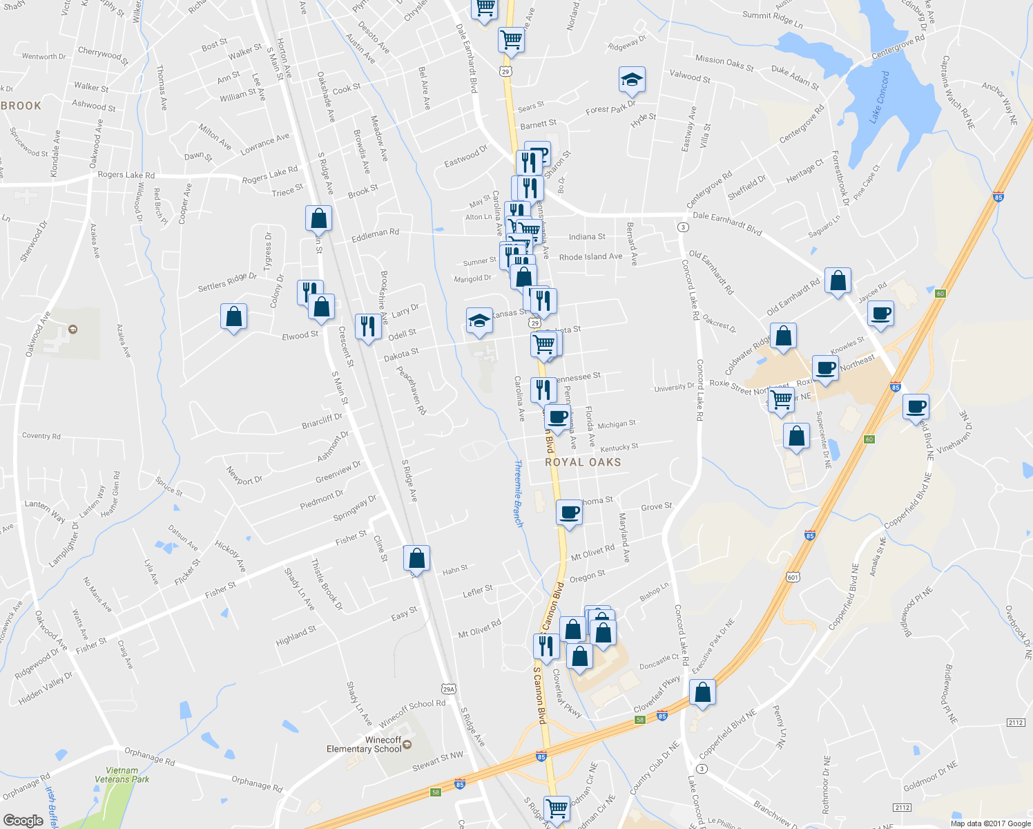 map of restaurants, bars, coffee shops, grocery stores, and more near 2300 Carolina Avenue in Kannapolis