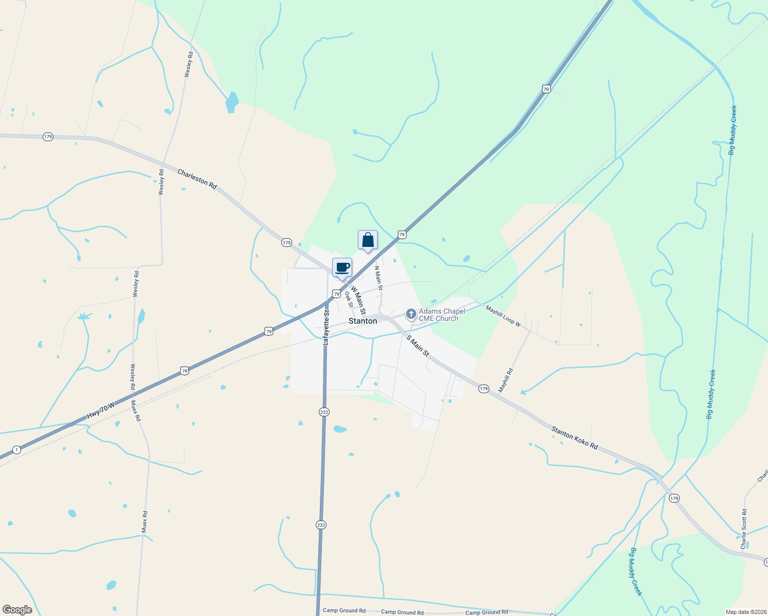 map of restaurants, bars, coffee shops, grocery stores, and more near 6 North Main Street in Stanton