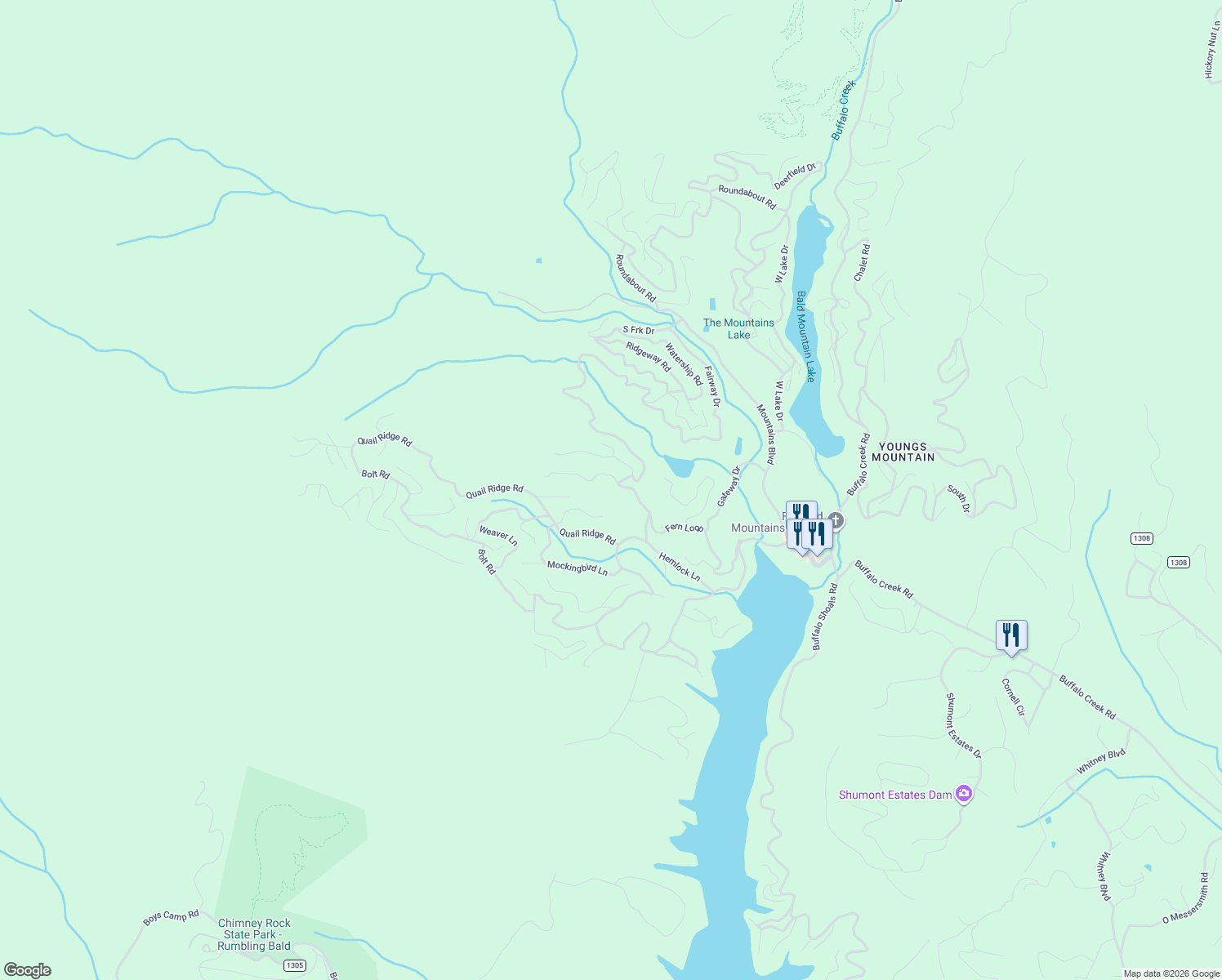 map of restaurants, bars, coffee shops, grocery stores, and more near 171 Huntington Rd in Lake Lure