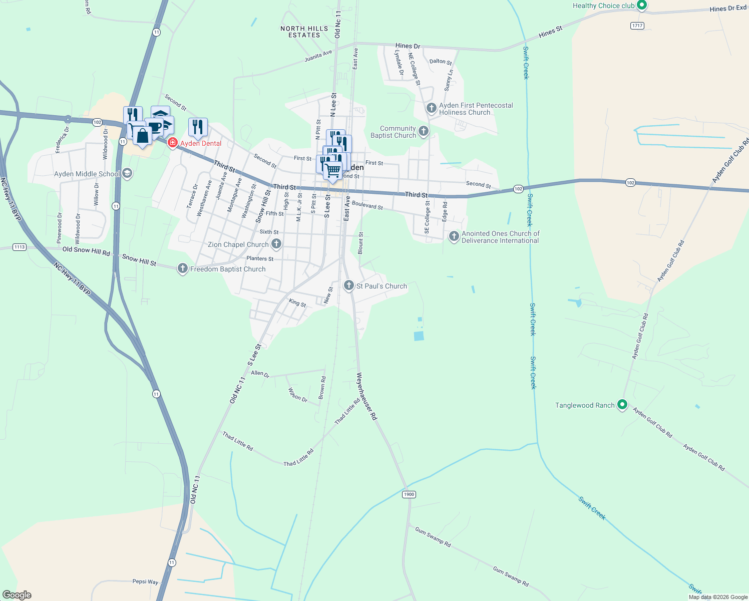 map of restaurants, bars, coffee shops, grocery stores, and more near 4507 S Edge Rd in Ayden