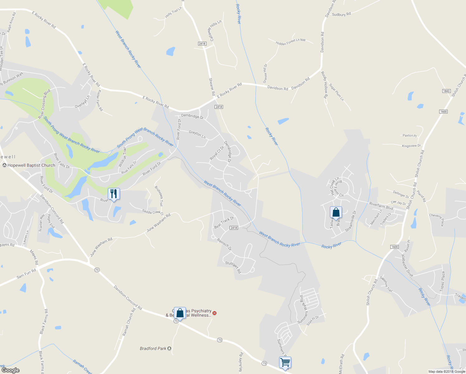 map of restaurants, bars, coffee shops, grocery stores, and more near 18202 Old Arbor Court in Davidson