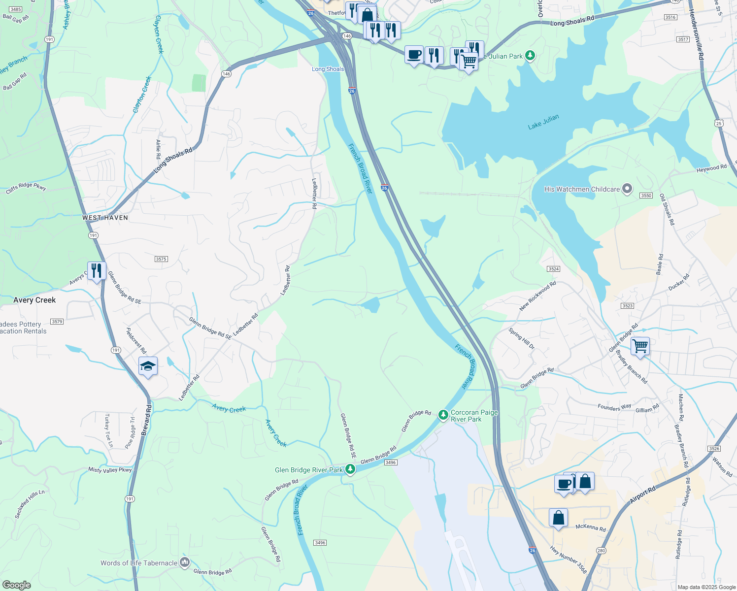 map of restaurants, bars, coffee shops, grocery stores, and more near 4 Coma Lake Lane in Arden