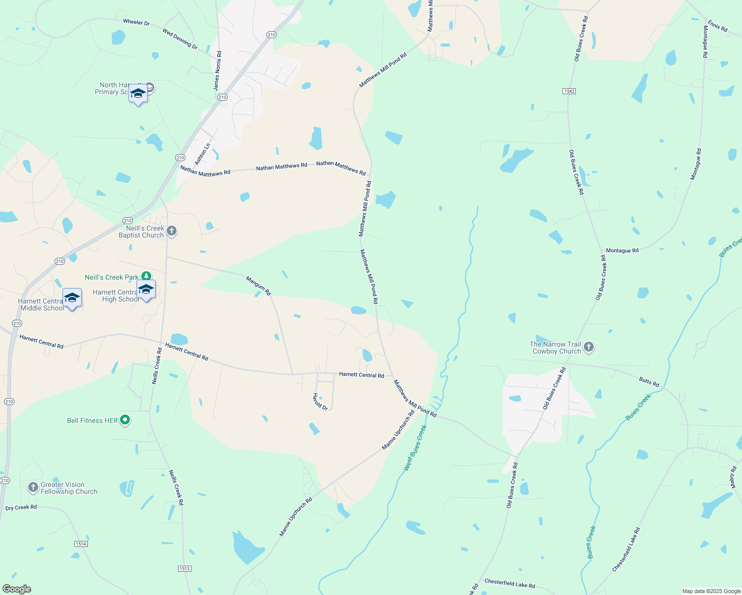 map of restaurants, bars, coffee shops, grocery stores, and more near 2488 Matthews Mill Pond Road in Angier