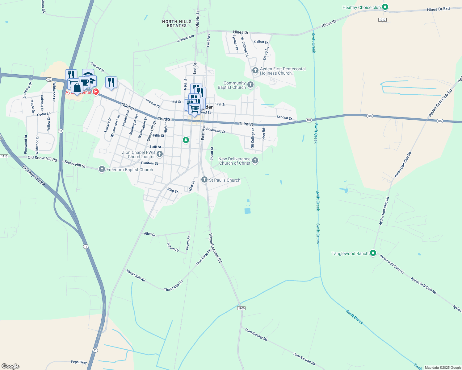 map of restaurants, bars, coffee shops, grocery stores, and more near 4467 South Edge Road in Ayden