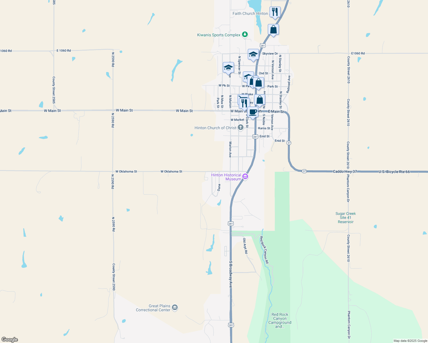 map of restaurants, bars, coffee shops, grocery stores, and more near 529 West Oklahoma Street in Hinton