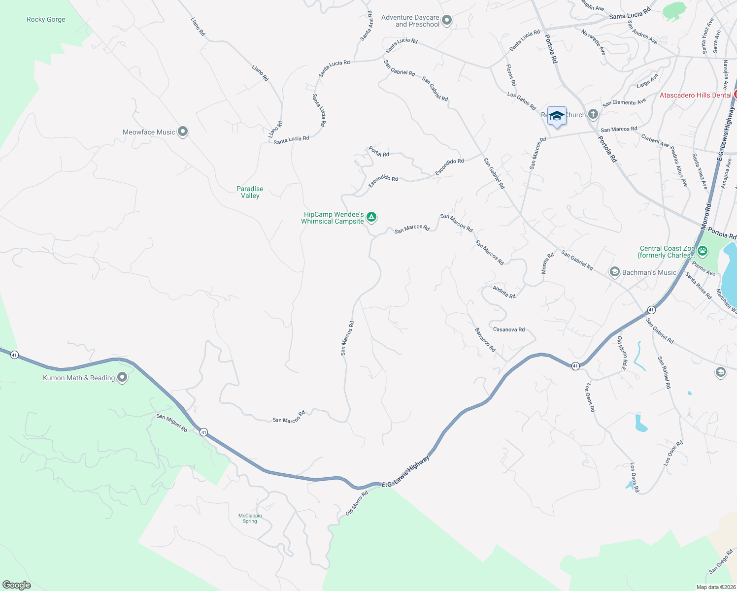 map of restaurants, bars, coffee shops, grocery stores, and more near 10665 San Marcos Road in Atascadero