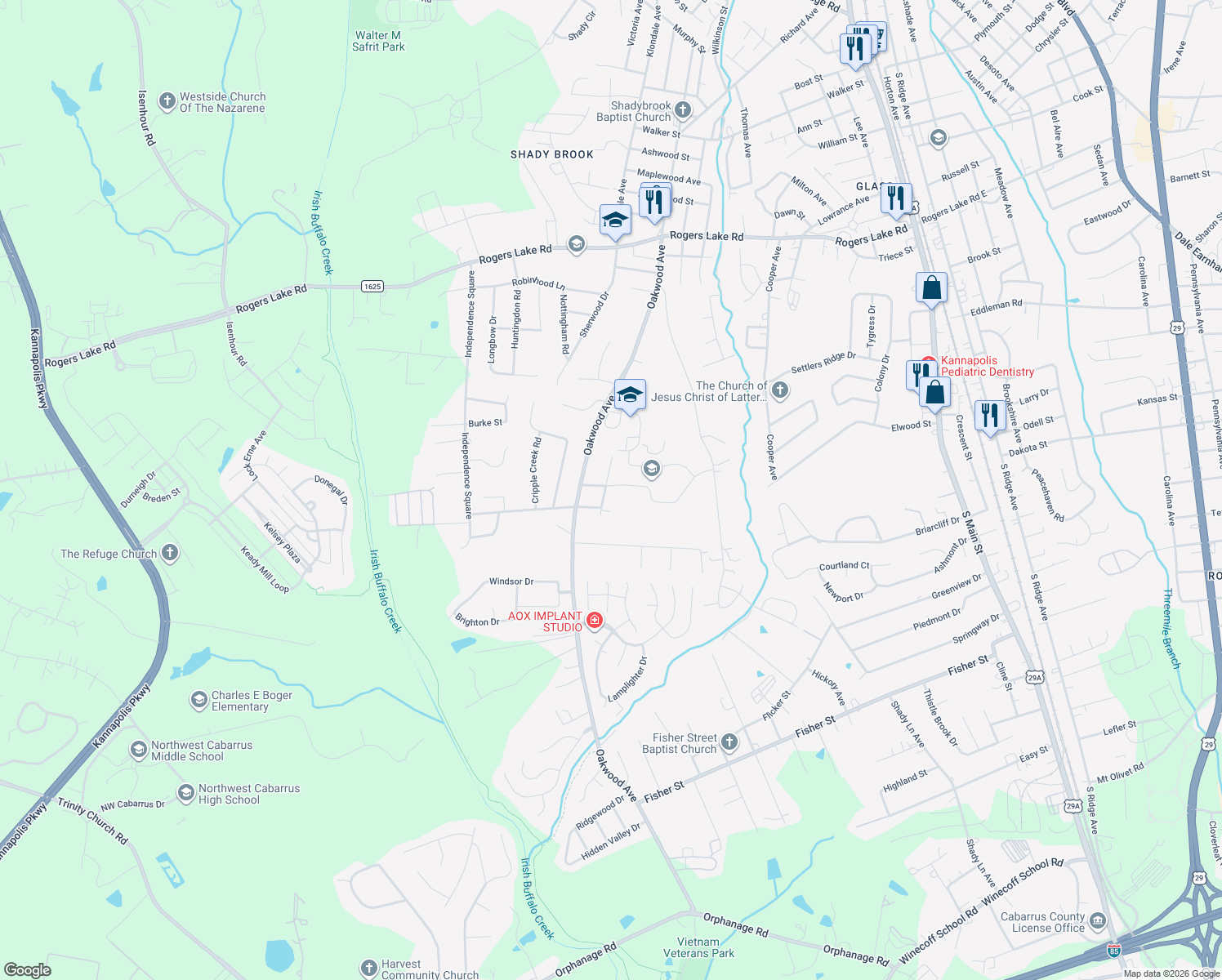map of restaurants, bars, coffee shops, grocery stores, and more near 1429 Trotters Ridge Road in Kannapolis