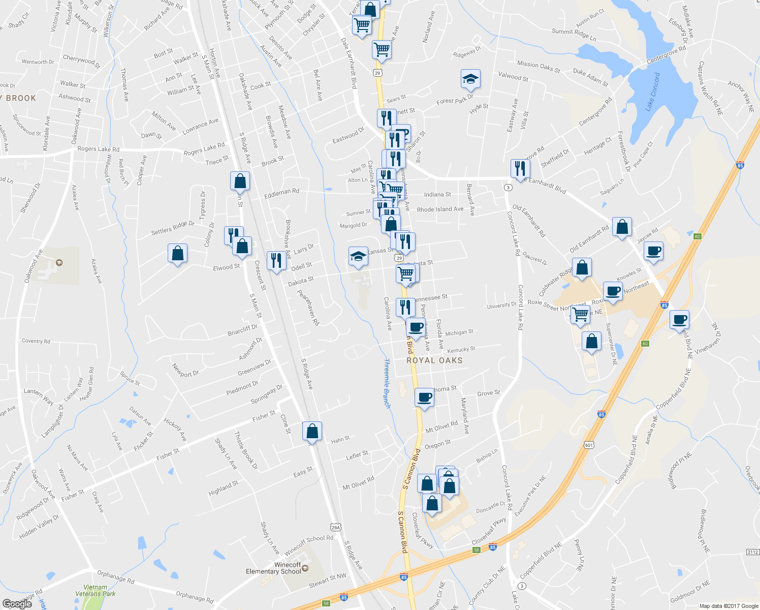 map of restaurants, bars, coffee shops, grocery stores, and more near 2200 Carolina Avenue in Kannapolis