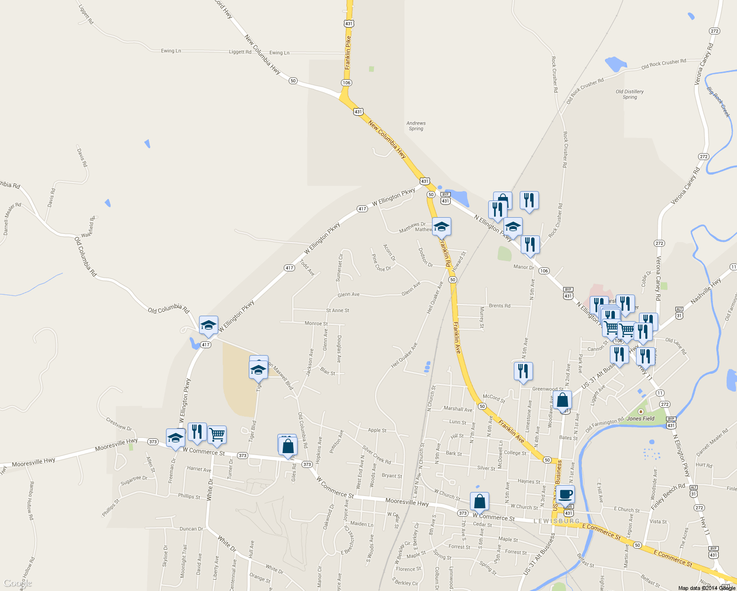 map of restaurants, bars, coffee shops, grocery stores, and more near 1290 Glenn Ave in Lewisburg