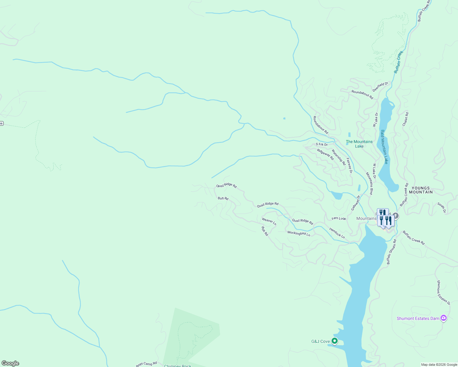 map of restaurants, bars, coffee shops, grocery stores, and more near 137 Sandy Ridge Road in Lake Lure