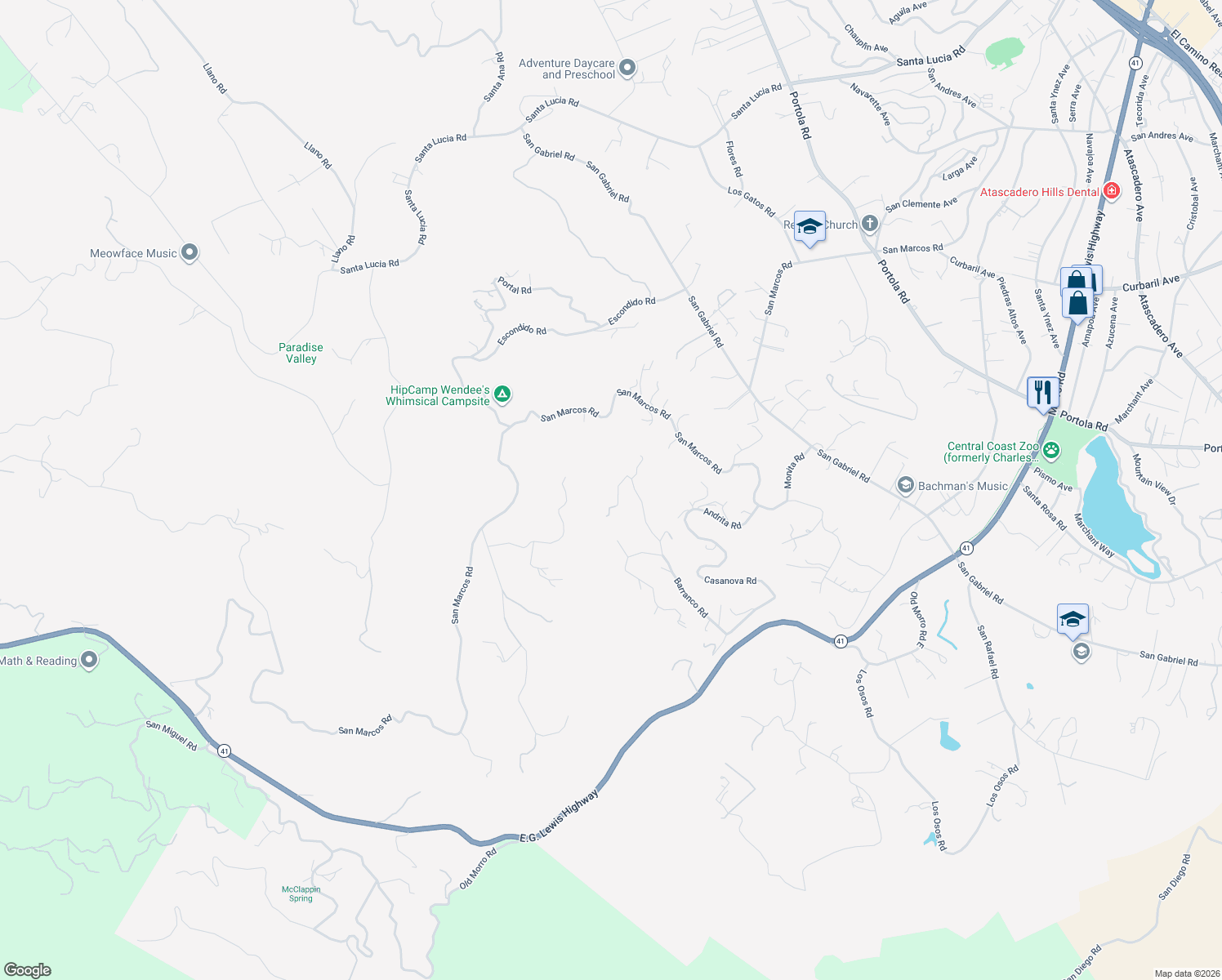 map of restaurants, bars, coffee shops, grocery stores, and more near 9365 Barranco Road in Atascadero