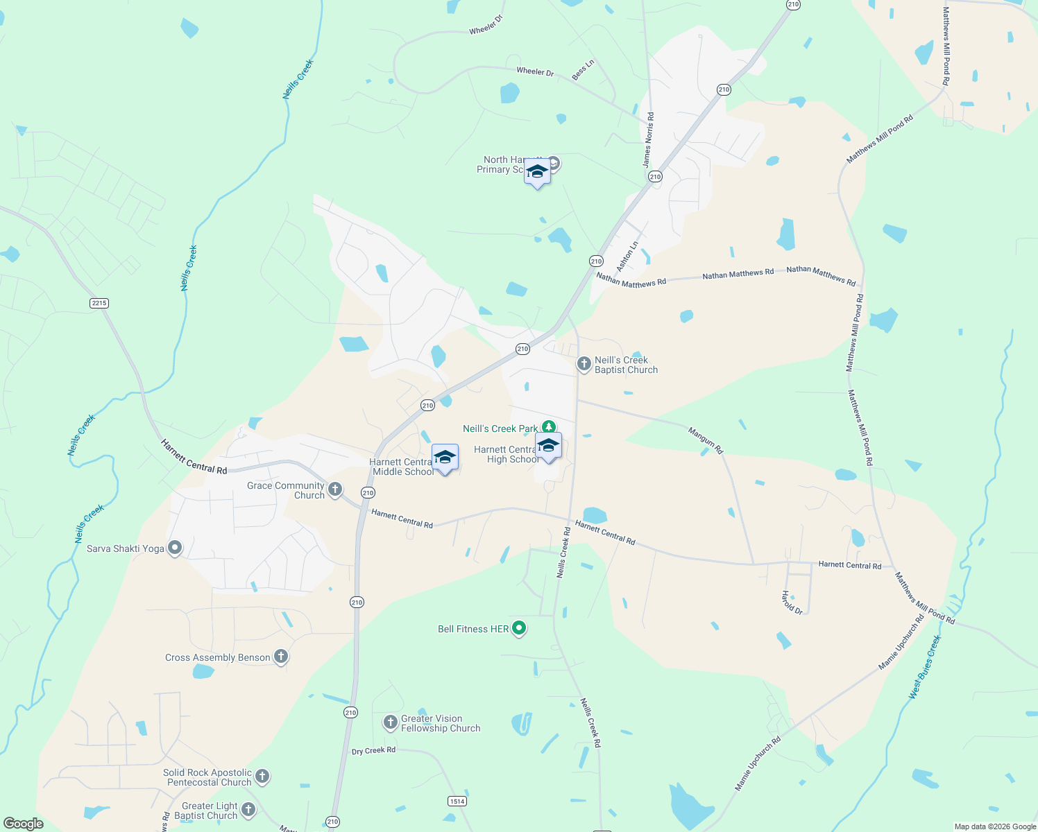 map of restaurants, bars, coffee shops, grocery stores, and more near 191 Scotts Lane in Angier