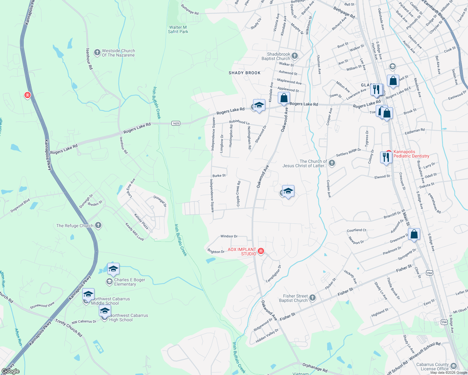 map of restaurants, bars, coffee shops, grocery stores, and more near 1533 Cripple Creek Road in Kannapolis