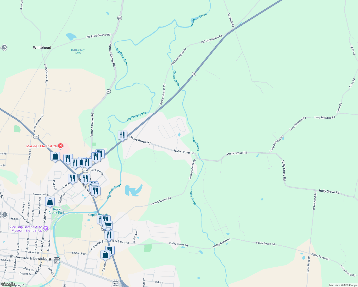map of restaurants, bars, coffee shops, grocery stores, and more near 1431 Titan Way in Lewisburg