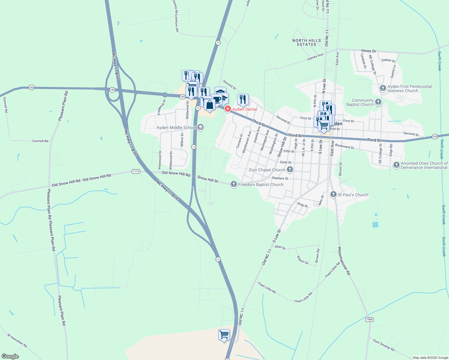 map of restaurants, bars, coffee shops, grocery stores, and more near 207 Snow Hill Street in Ayden