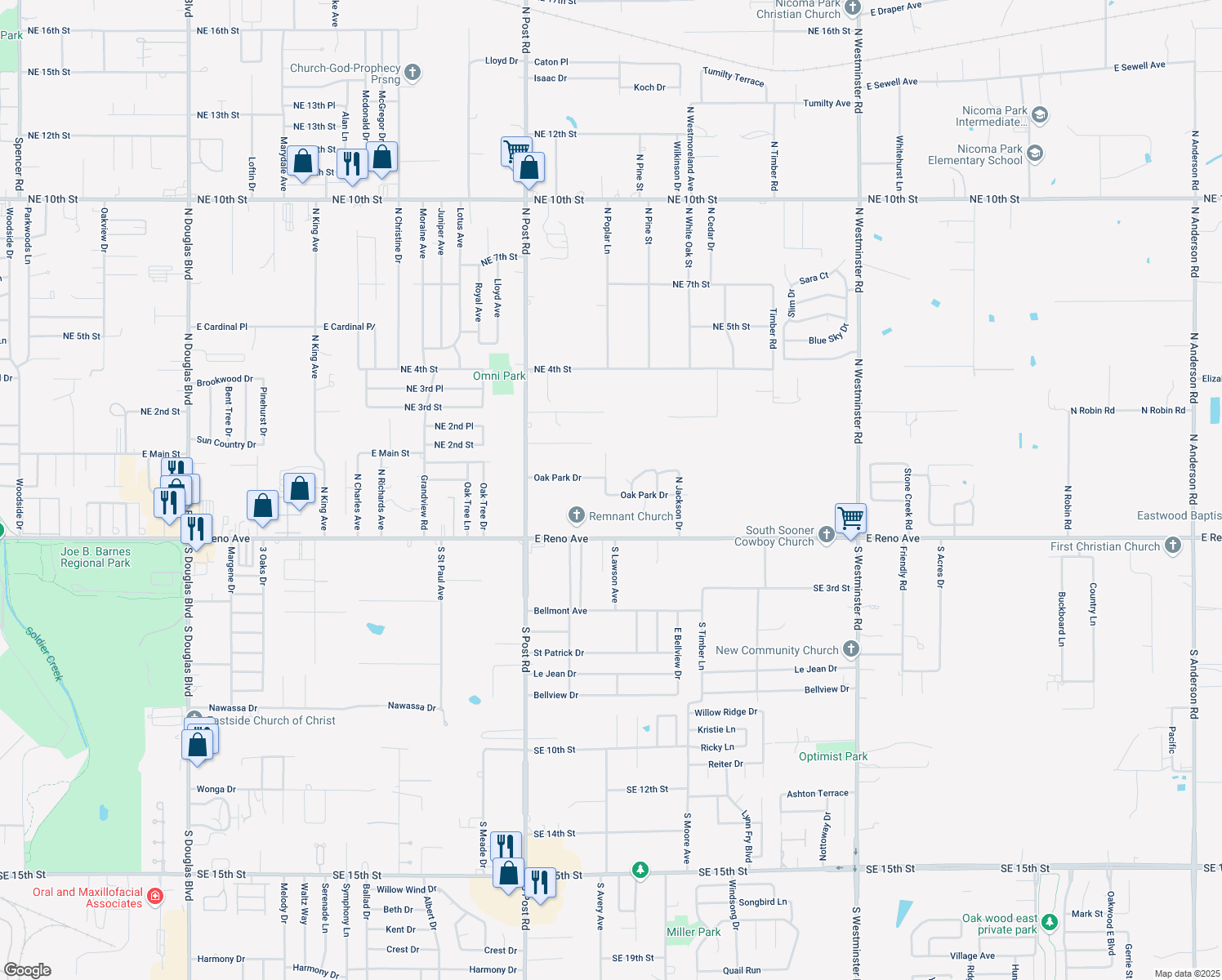 map of restaurants, bars, coffee shops, grocery stores, and more near 10201 Oak Park Drive in Midwest City
