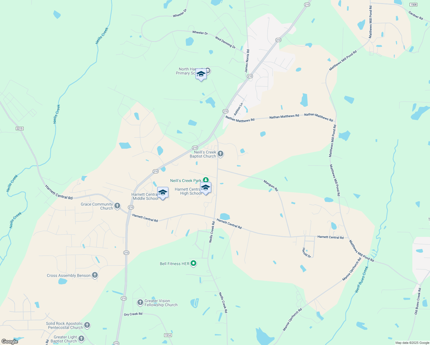 map of restaurants, bars, coffee shops, grocery stores, and more near 4075 Neills Creek Rd in Angier