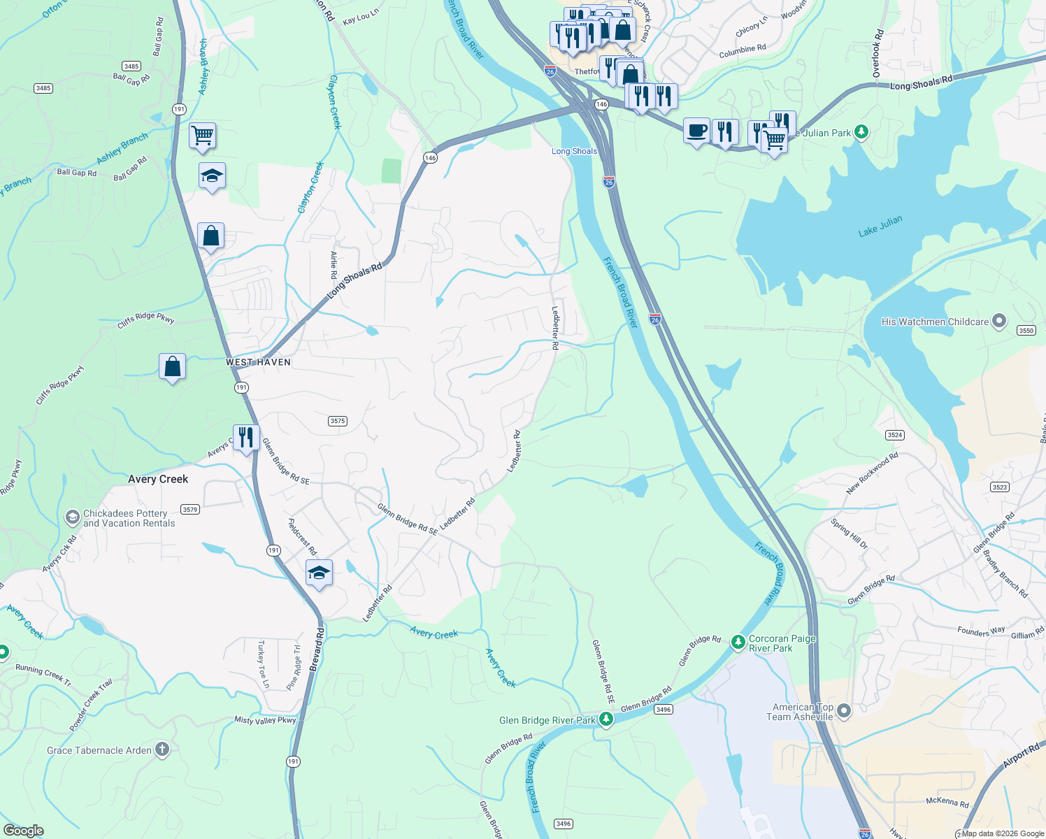 map of restaurants, bars, coffee shops, grocery stores, and more near 61 Yorktown Circle in Arden