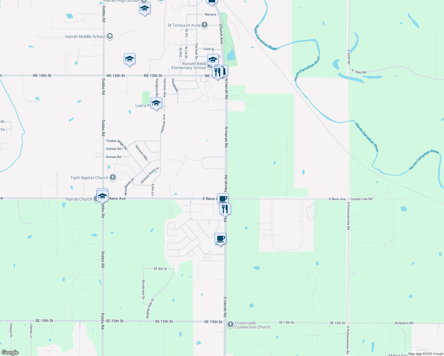 map of restaurants, bars, coffee shops, grocery stores, and more near 201 North Harrah Road in Harrah