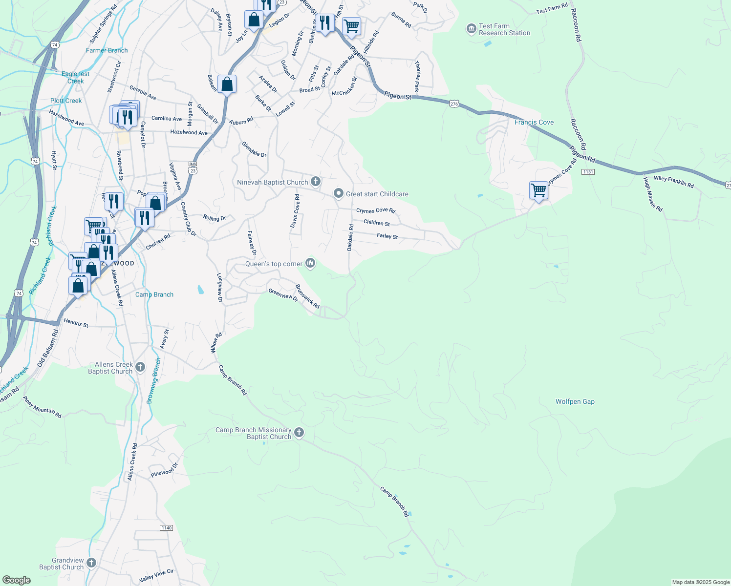 map of restaurants, bars, coffee shops, grocery stores, and more near 82 Blackberry Ridge in Waynesville