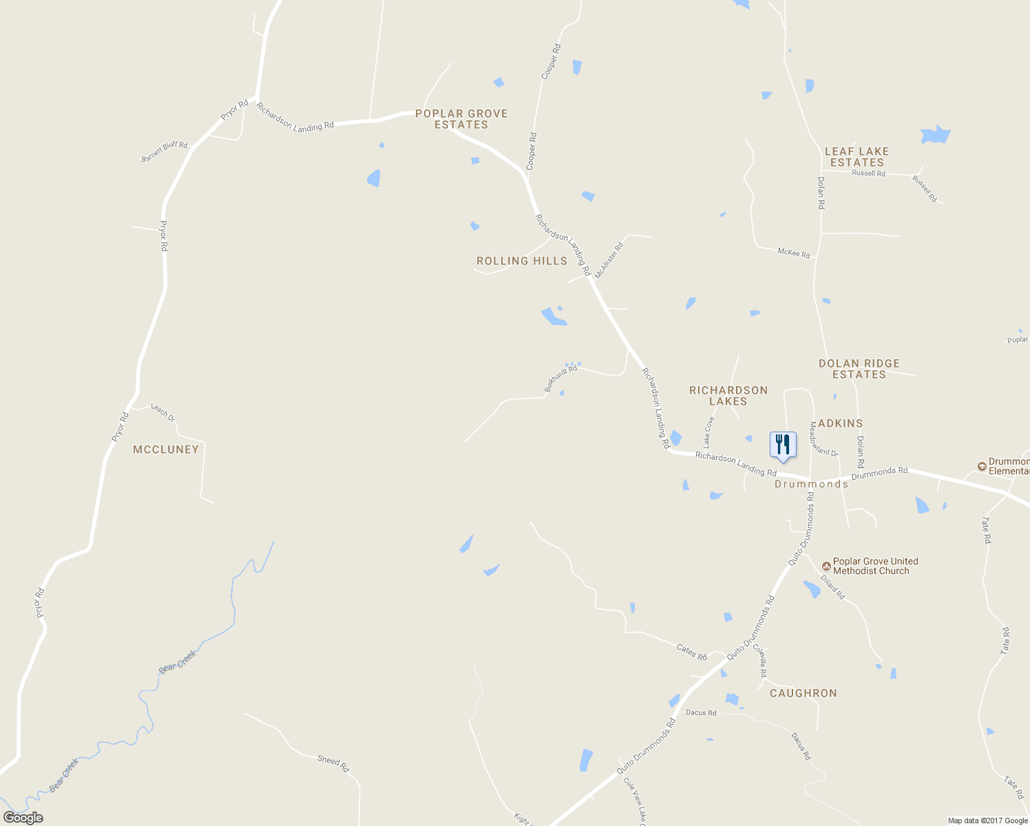 map of restaurants, bars, coffee shops, grocery stores, and more near 511 Burkhardt Road in Drummonds