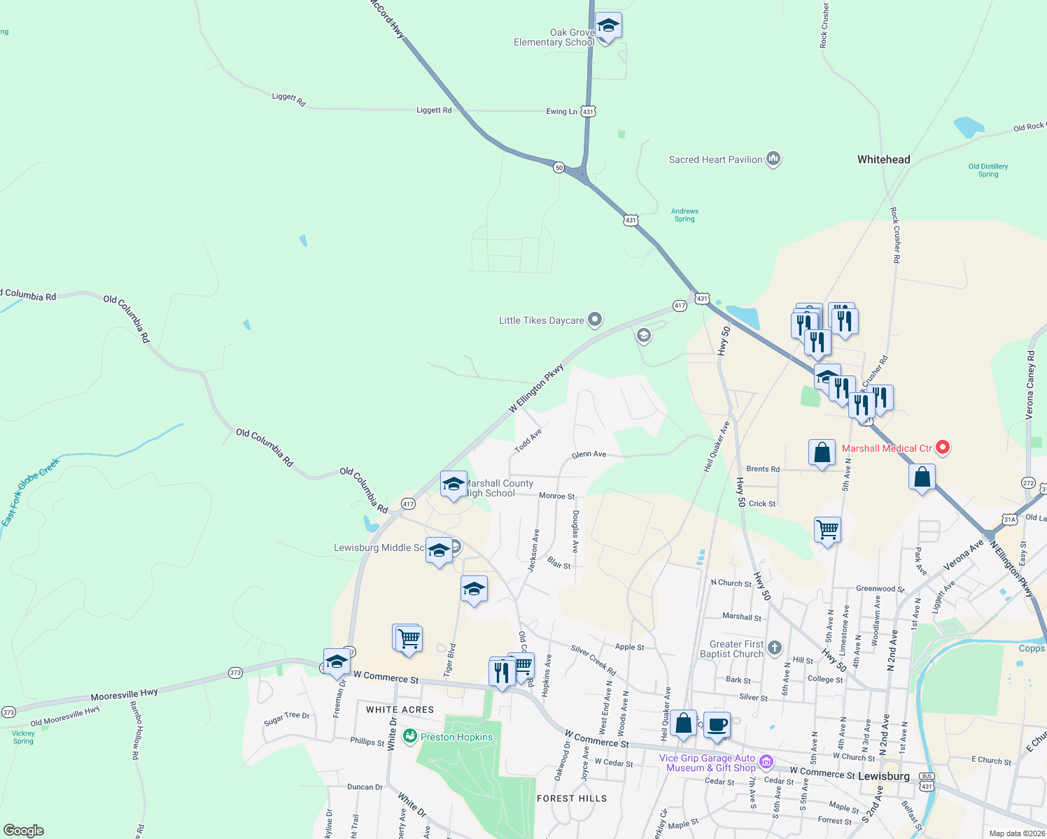 map of restaurants, bars, coffee shops, grocery stores, and more near 881 Todd Avenue in Lewisburg
