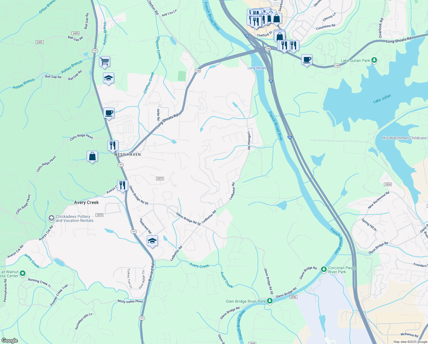 map of restaurants, bars, coffee shops, grocery stores, and more near 43 Springhead Court in Arden