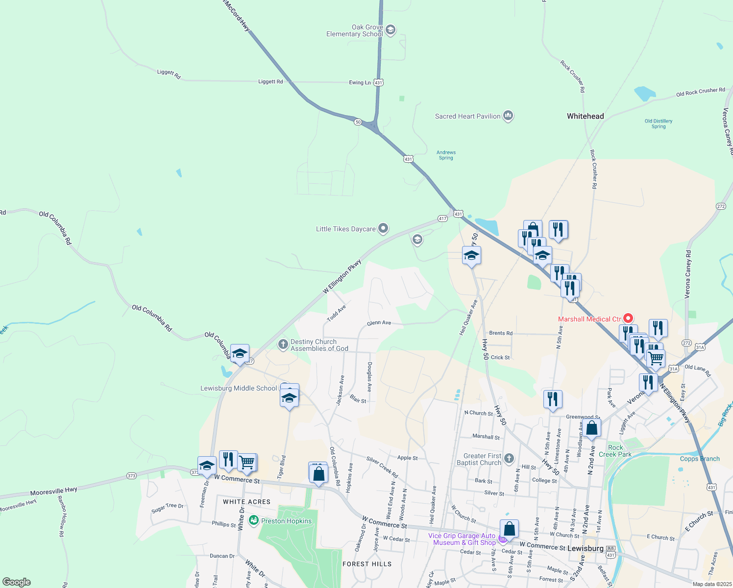 map of restaurants, bars, coffee shops, grocery stores, and more near 960 Sumerset Circle in Lewisburg