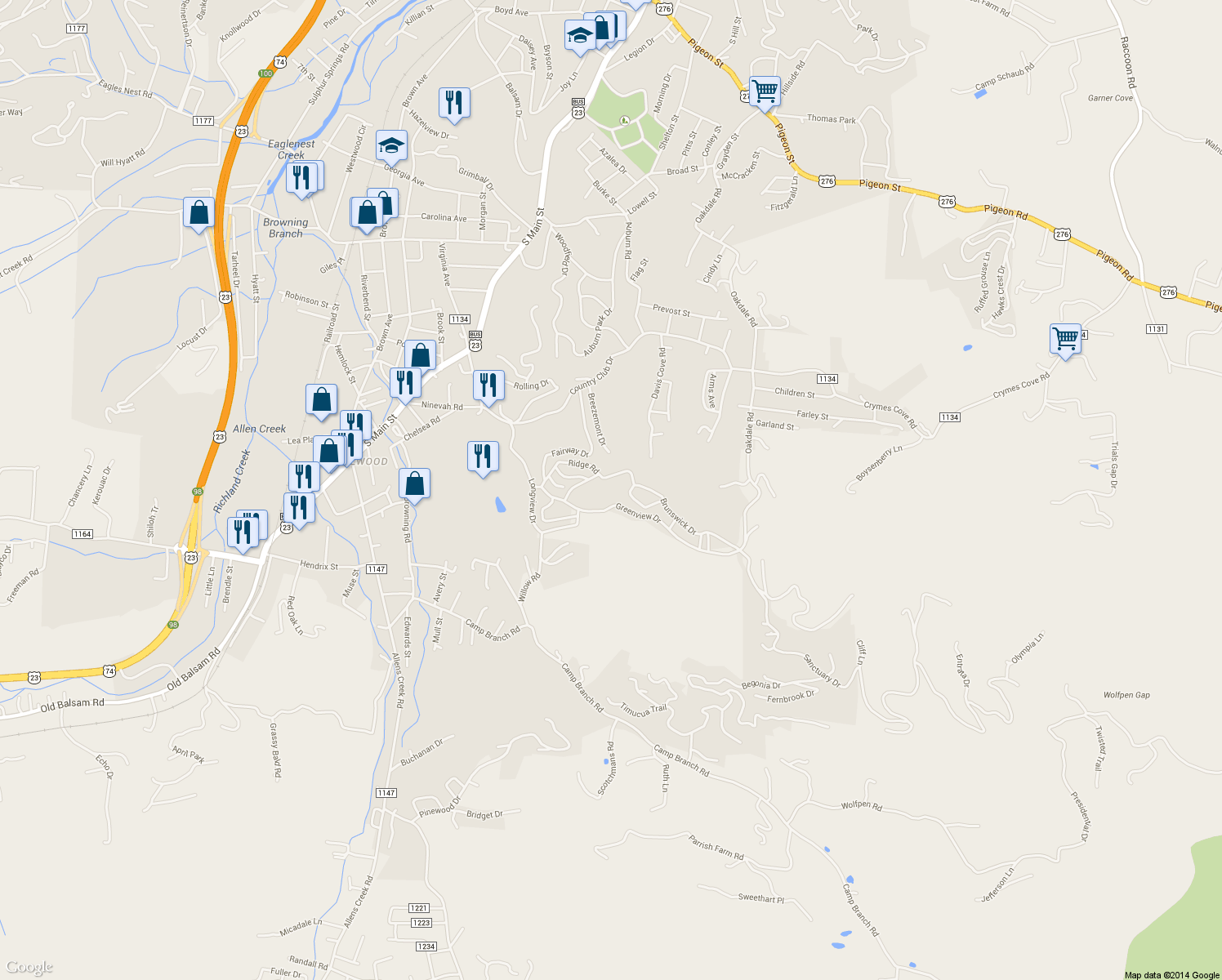 map of restaurants, bars, coffee shops, grocery stores, and more near 55 Brunswick Dr in Waynesville