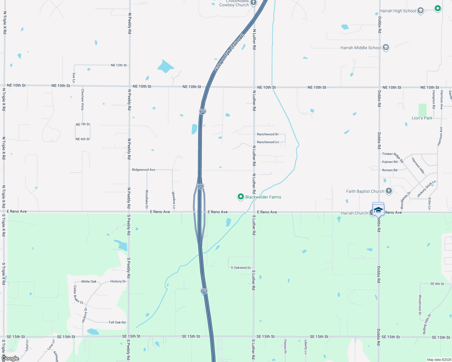 map of restaurants, bars, coffee shops, grocery stores, and more near 18710 Rockcreek Road in Harrah