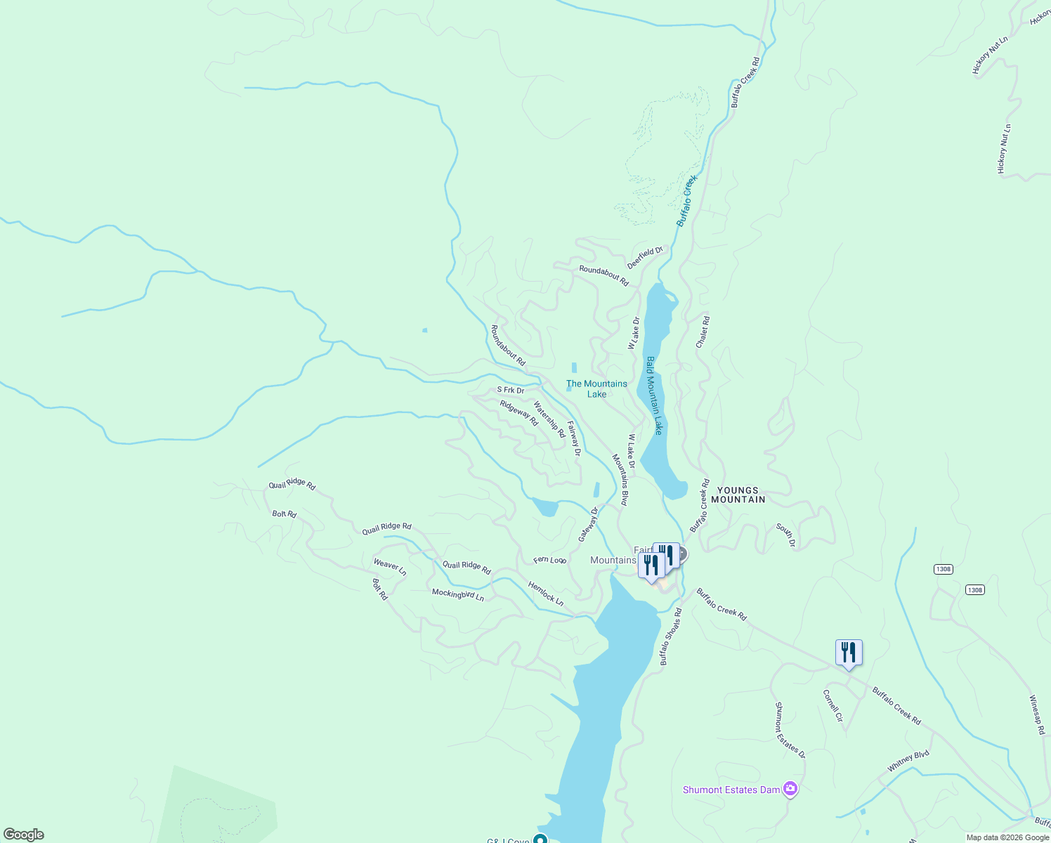 map of restaurants, bars, coffee shops, grocery stores, and more near 212 Ridgeway Road in Lake Lure