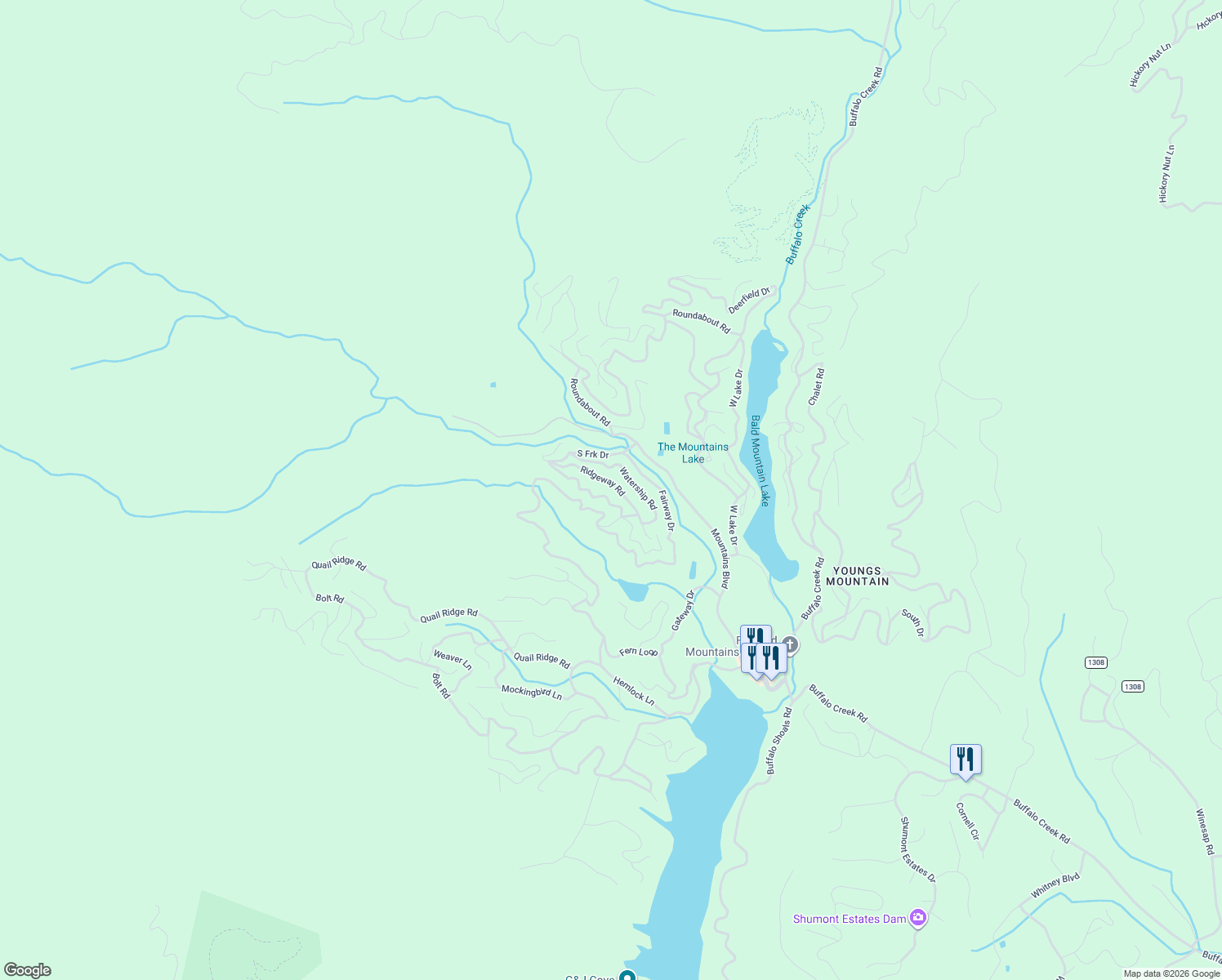 map of restaurants, bars, coffee shops, grocery stores, and more near 212 Ridgeway Road in Lake Lure